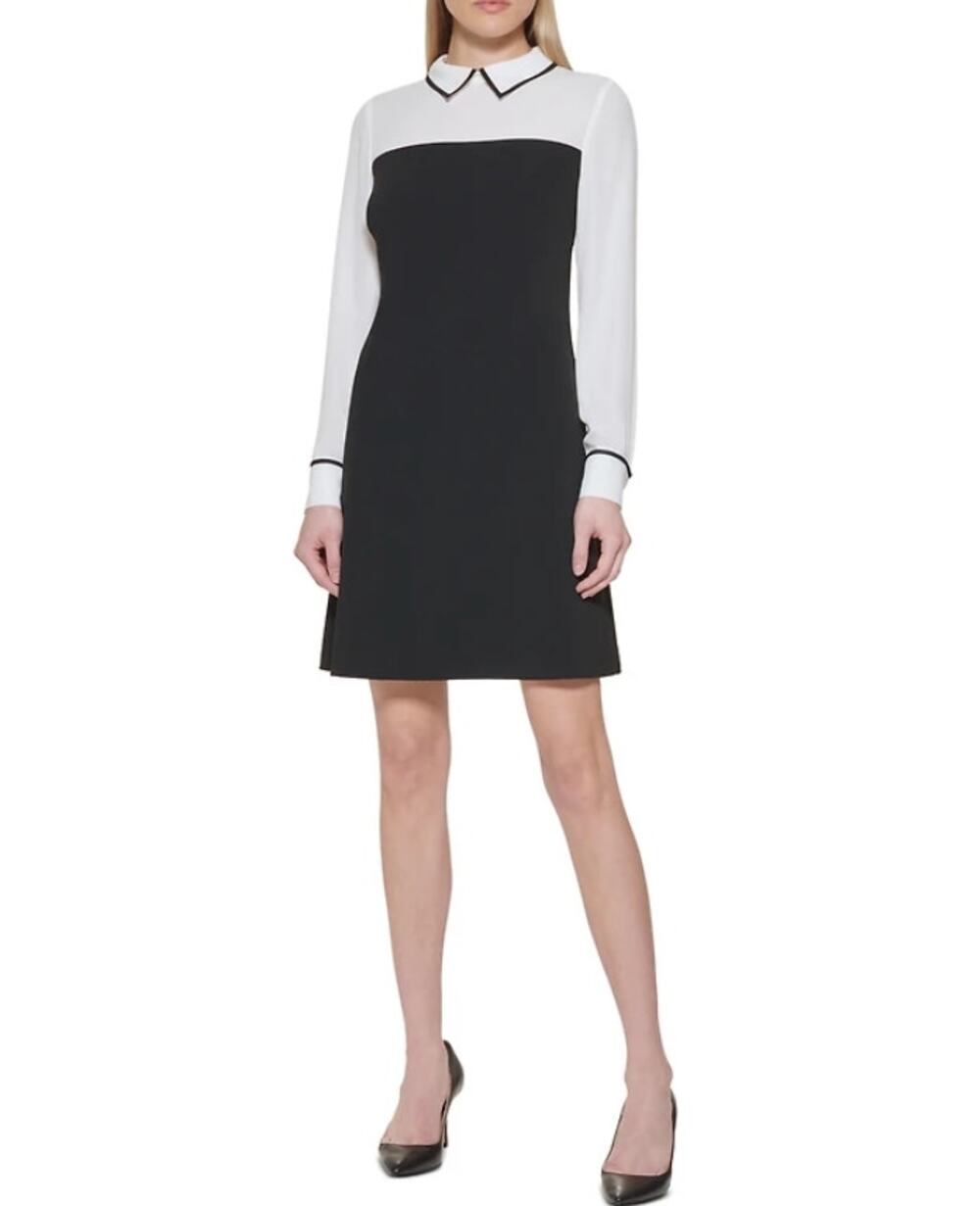 TOMMY HILFIGER Long Sleeve Collared Twofer Shift Mini Dress Black White Womens L